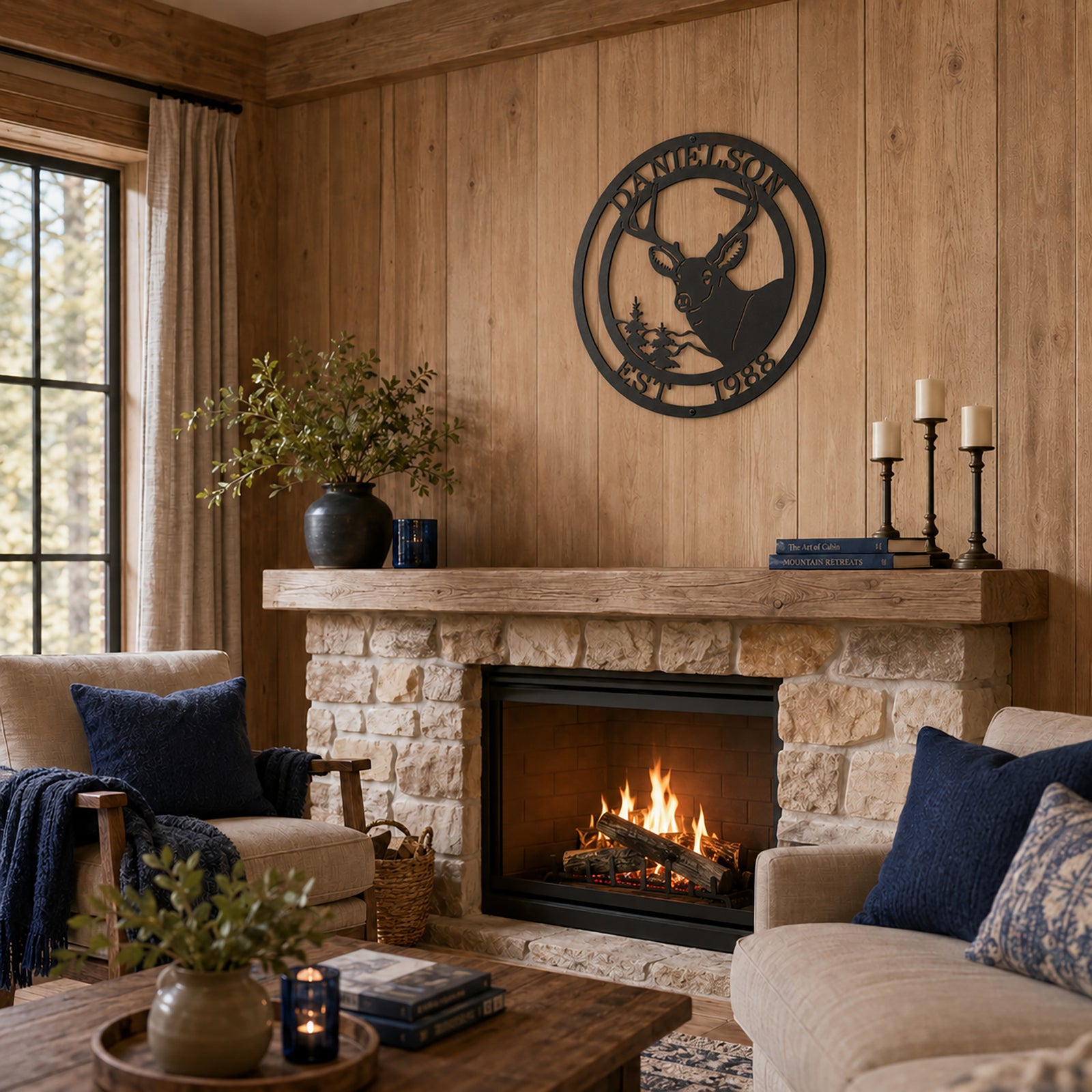 Black deer monogram metal sign with family name and established date displayed above rustic fireplace mantel