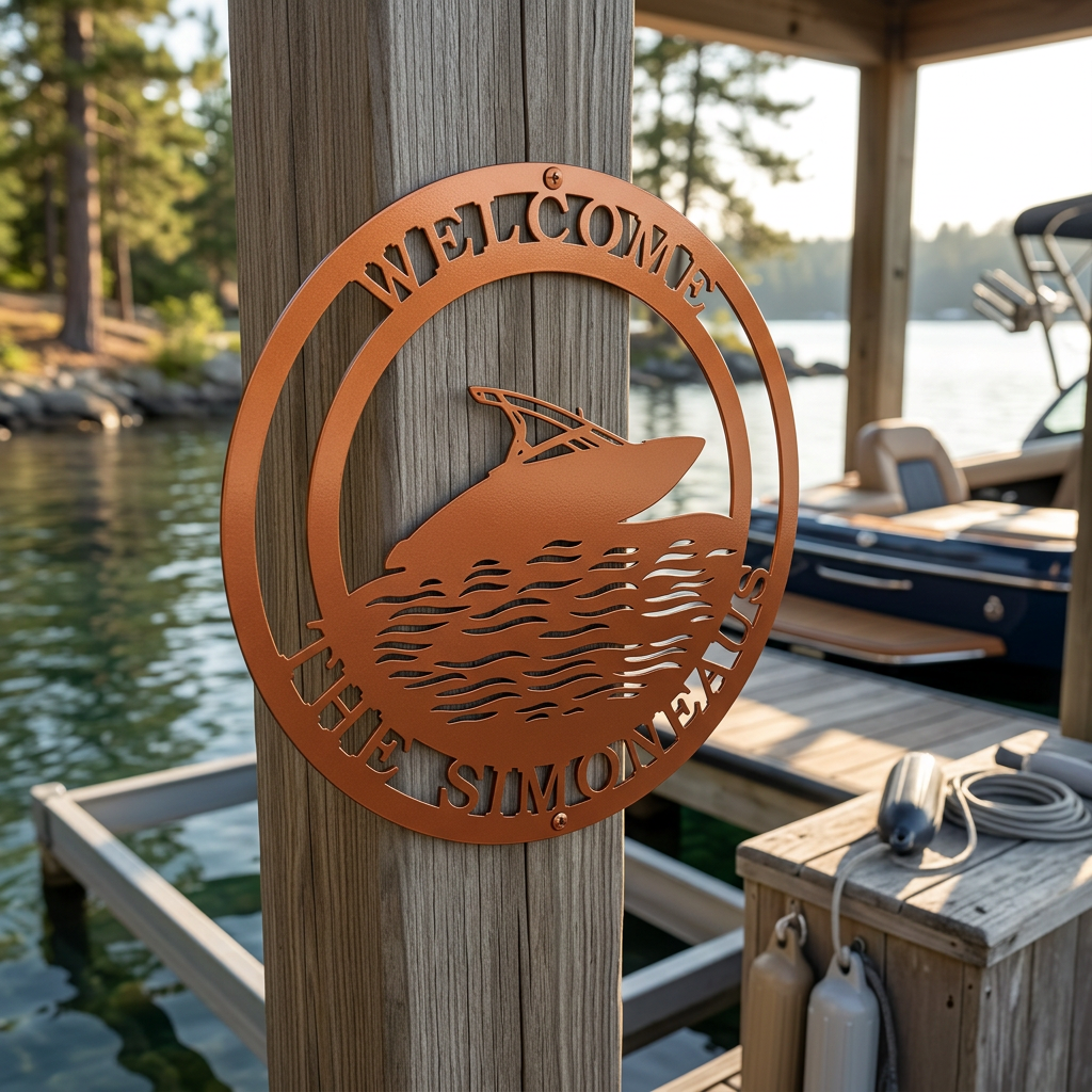 A copper-colored circular metal boat sign personalized with "The Simoneaus," mounted on a natural wooden dock post overlooking a sunny lake.
