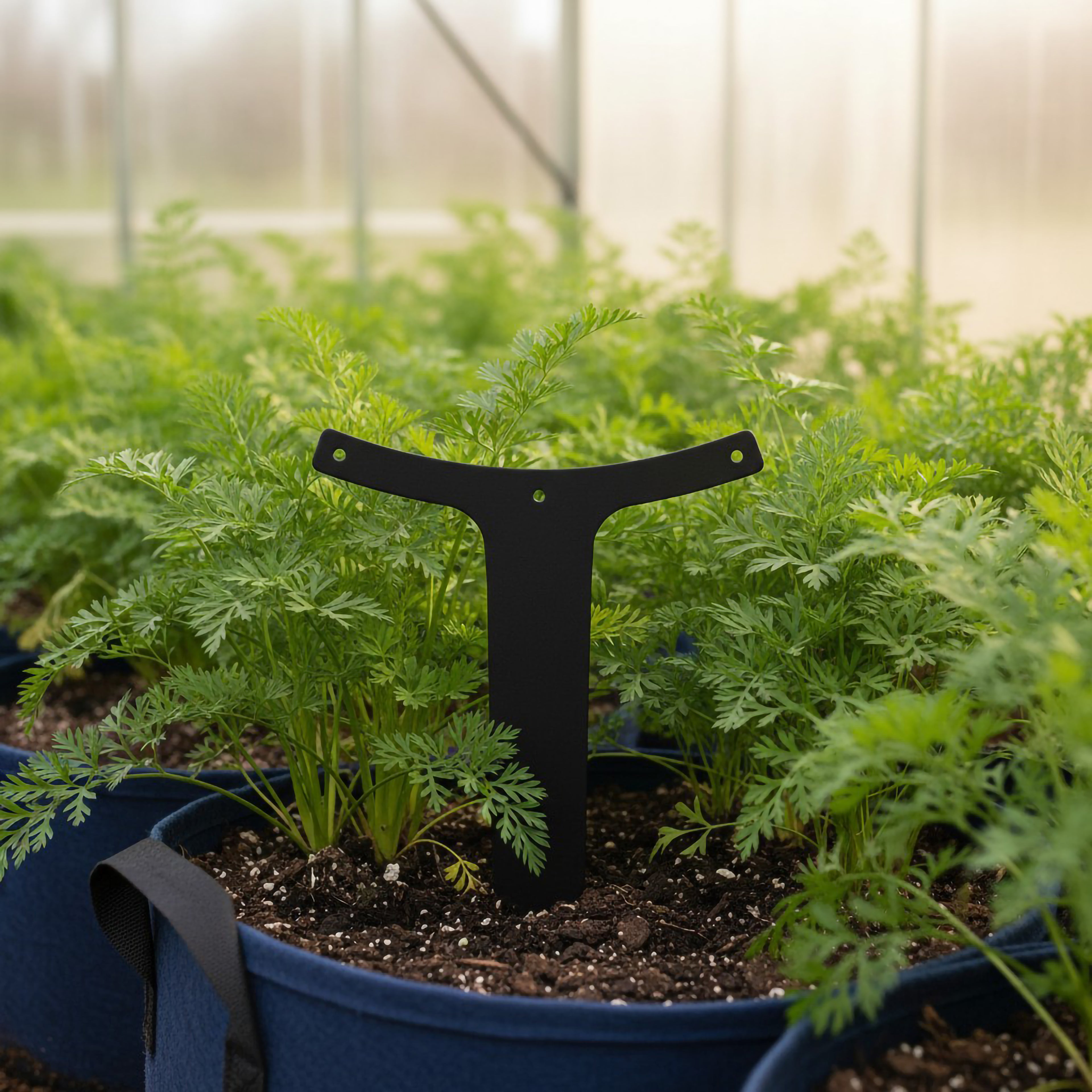 A black T-shaped metal garden stake placed in a rich soil bed surrounded by vibrant green basil plants, kale, and a potted cherry tomato plant laden with ripening fruit.