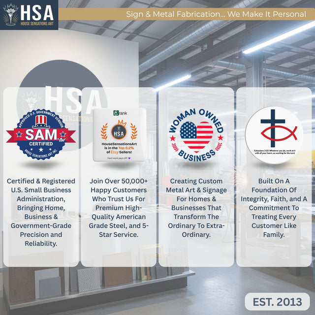 HSA Sign & Metal Fabrication advertisement featuring custom LED backlit metal signs, certification logos, and business information, modern powder coated steel signage for commercial branding, outdoor business signs and indoor wall décor solutions