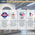 HSA Sign & Metal Fabrication ad showcasing certification logos, company details, and features of their custom metal signage and fabrication services