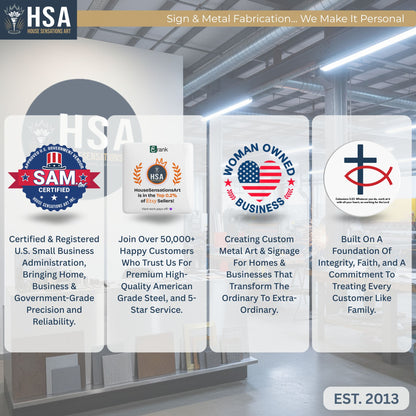 HSA Sign & Metal Fabrication advertisement featuring custom LED backlit metal signs, certification logos, and business information, modern powder coated steel signage for commercial branding, outdoor business signs and indoor wall décor solutions