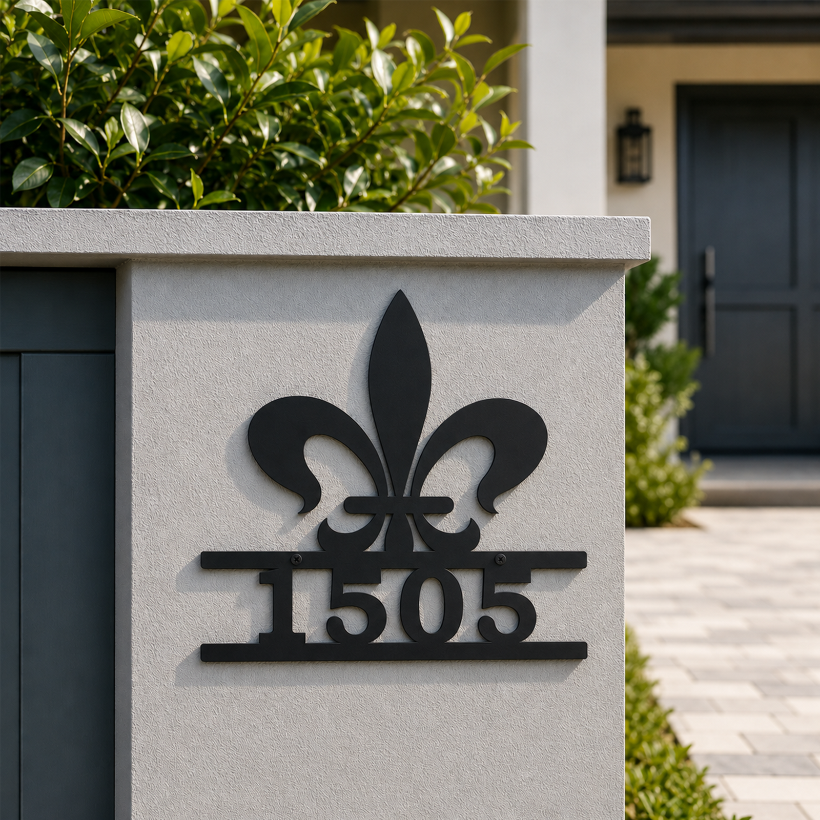 Black fleur de lis personalized metal address sign mounted on modern white exterior column displaying number 1505