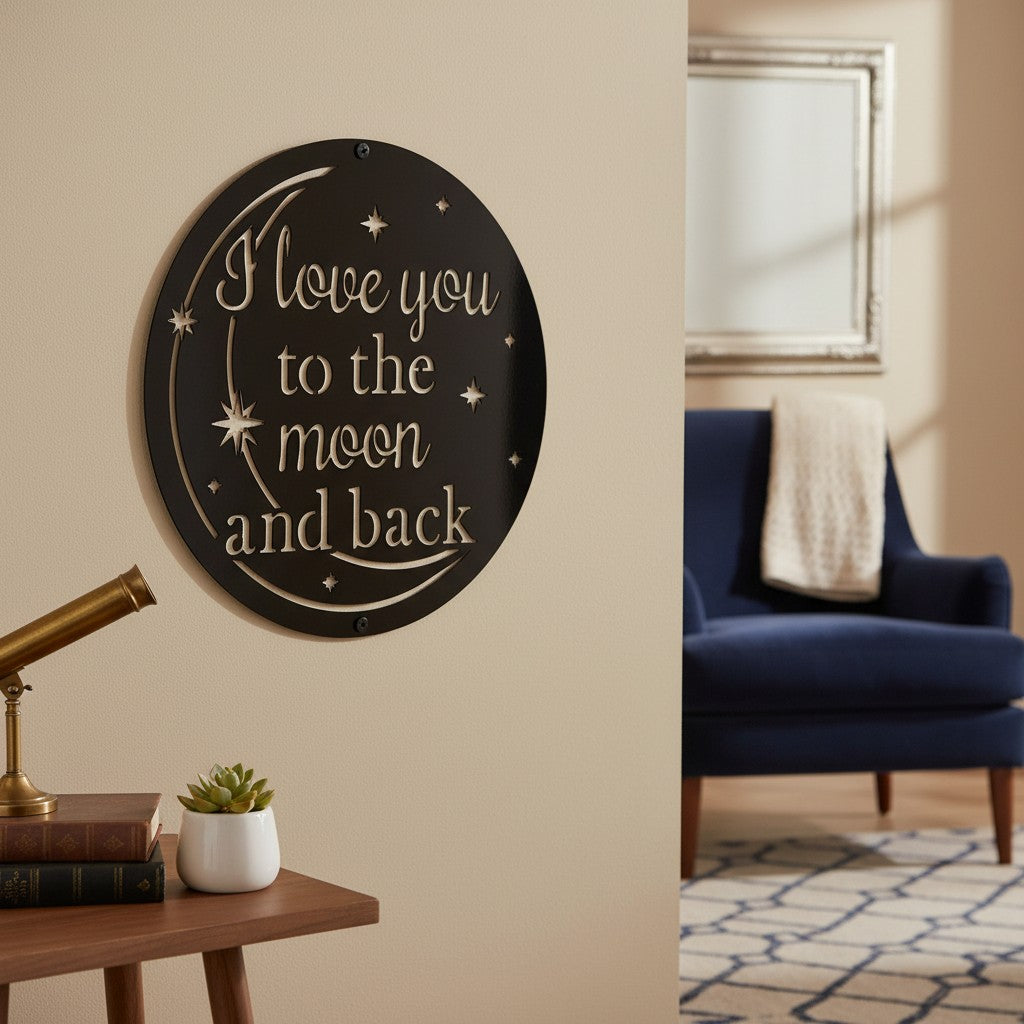 Clean white custom metal celestial plaque with cutout lettering hanging on a modern neutral wall above a wooden desk surface with books and plants.