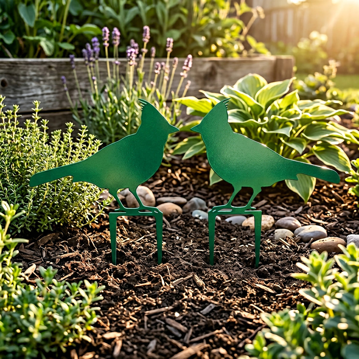 Emerald green metal cardinal garden stakes displayed in landscaped flower bed with lavender plants and natural garden scenery