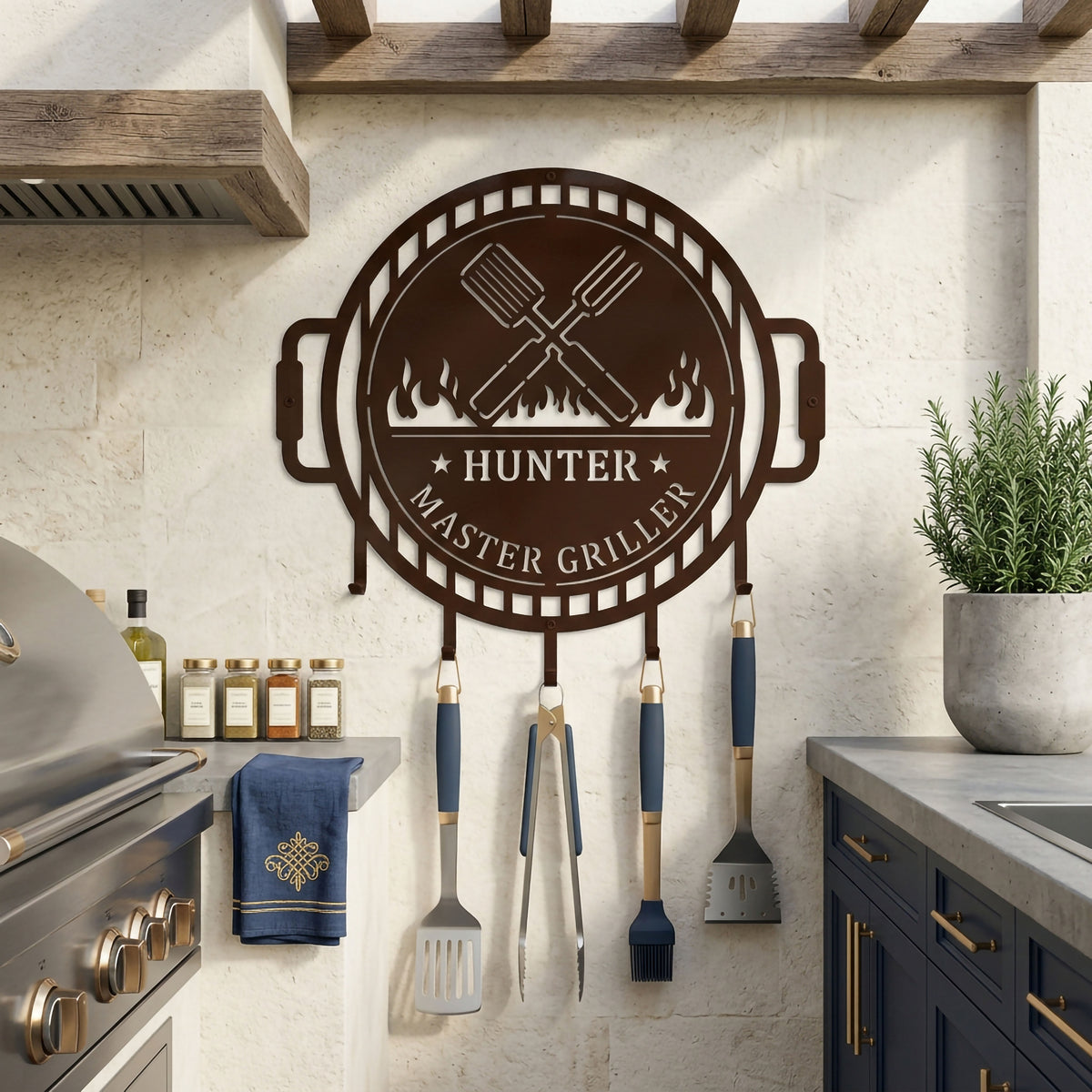 Espresso brown BBQ utensil holder metal wall art displayed in outdoor kitchen with hanging grilling tools and modern grill station