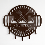 Espresso brown master griller metal BBQ wall sign with hanging hooks and crossed spatula grill fork design