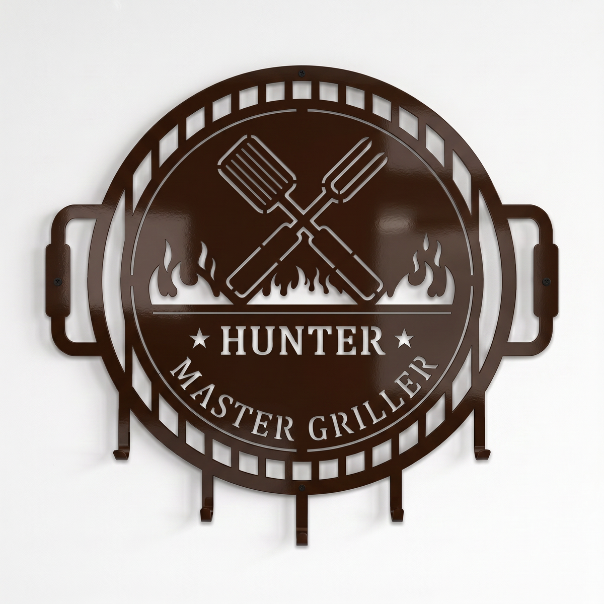 Espresso brown master griller metal BBQ wall sign with hanging hooks and crossed spatula grill fork design