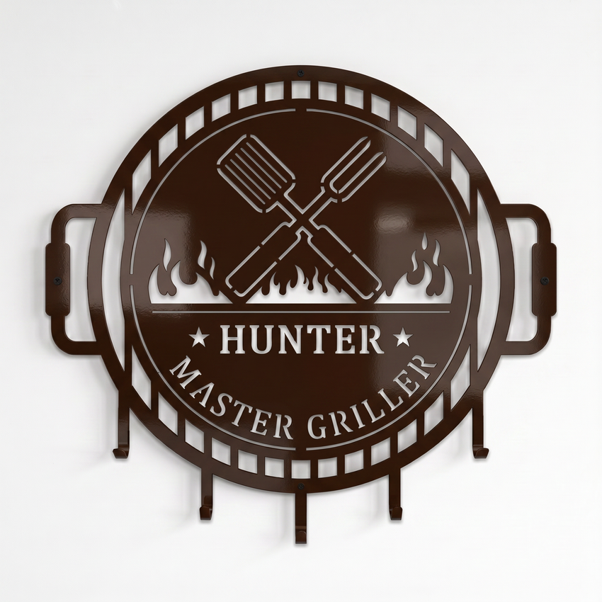 Espresso brown master griller metal BBQ wall sign with hanging hooks and crossed spatula grill fork design