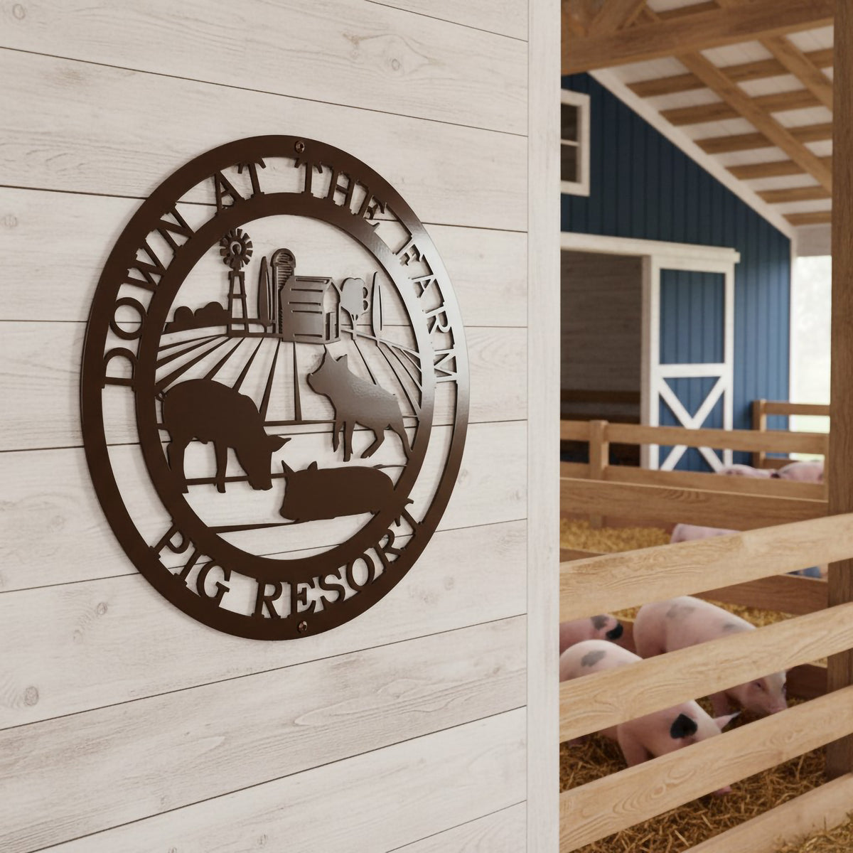 Espresso pig resort metal sign with farm and pig design mounted on a light wood barn wall near pig stalls