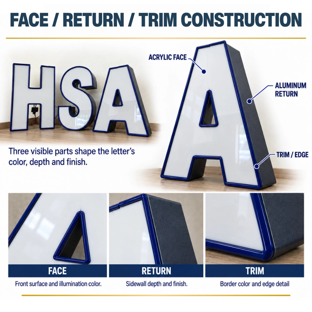 Diagram explaining face, return, and trim construction of channel letters