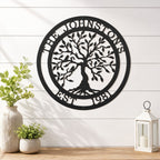 Personalized family tree metal wall art with birds and established date styled on white shiplap wall with lantern decor