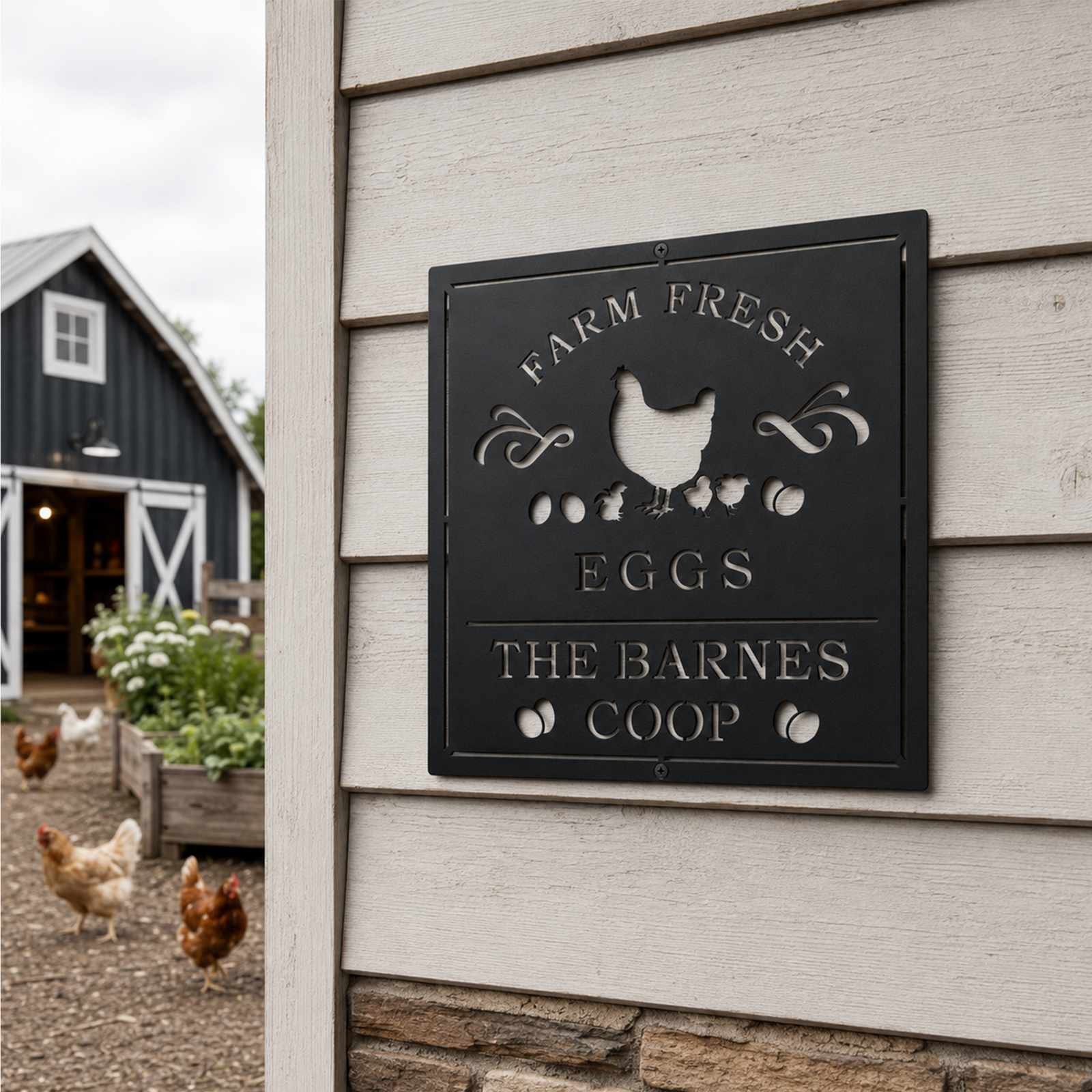 Black Farm Fresh Eggs metal wall sign with custom Barnes Coop text displayed on white farmhouse siding near a chicken yard