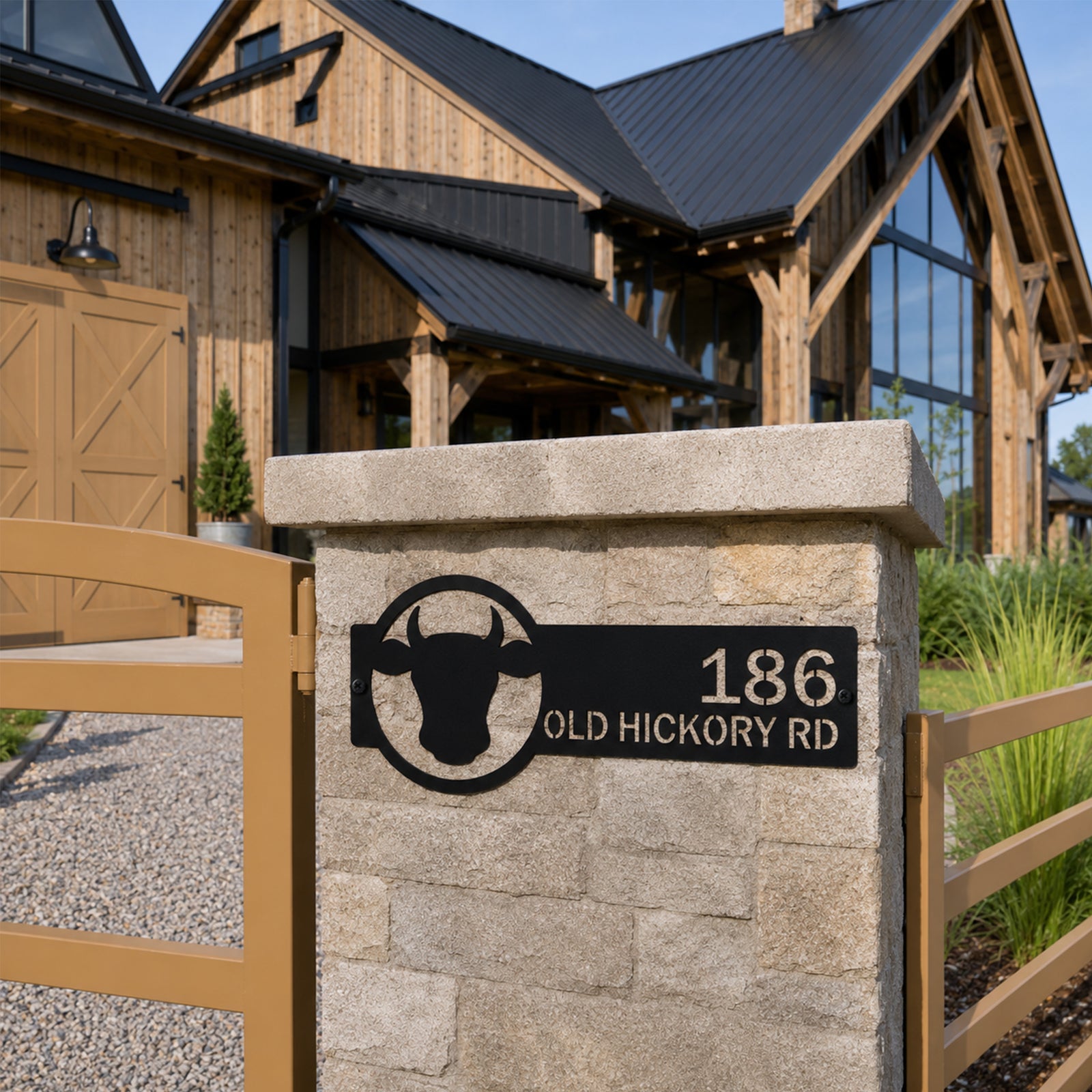 Black custom metal house address plaque with bull head icon displayed on stone entry column outside rustic farmhouse