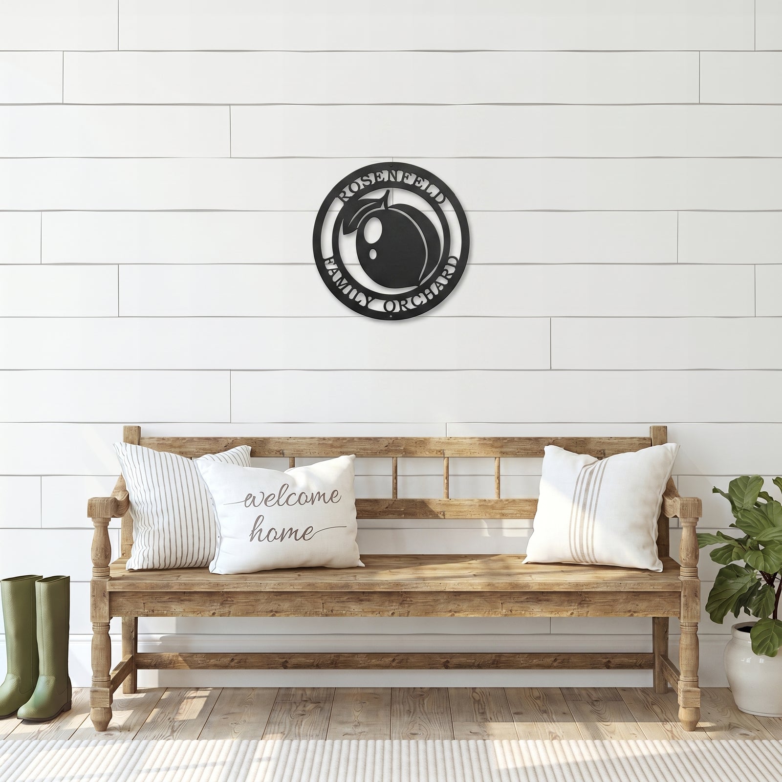 Personalized peach orchard metal wall sign displayed above rustic wooden bench in farmhouse entryway décor