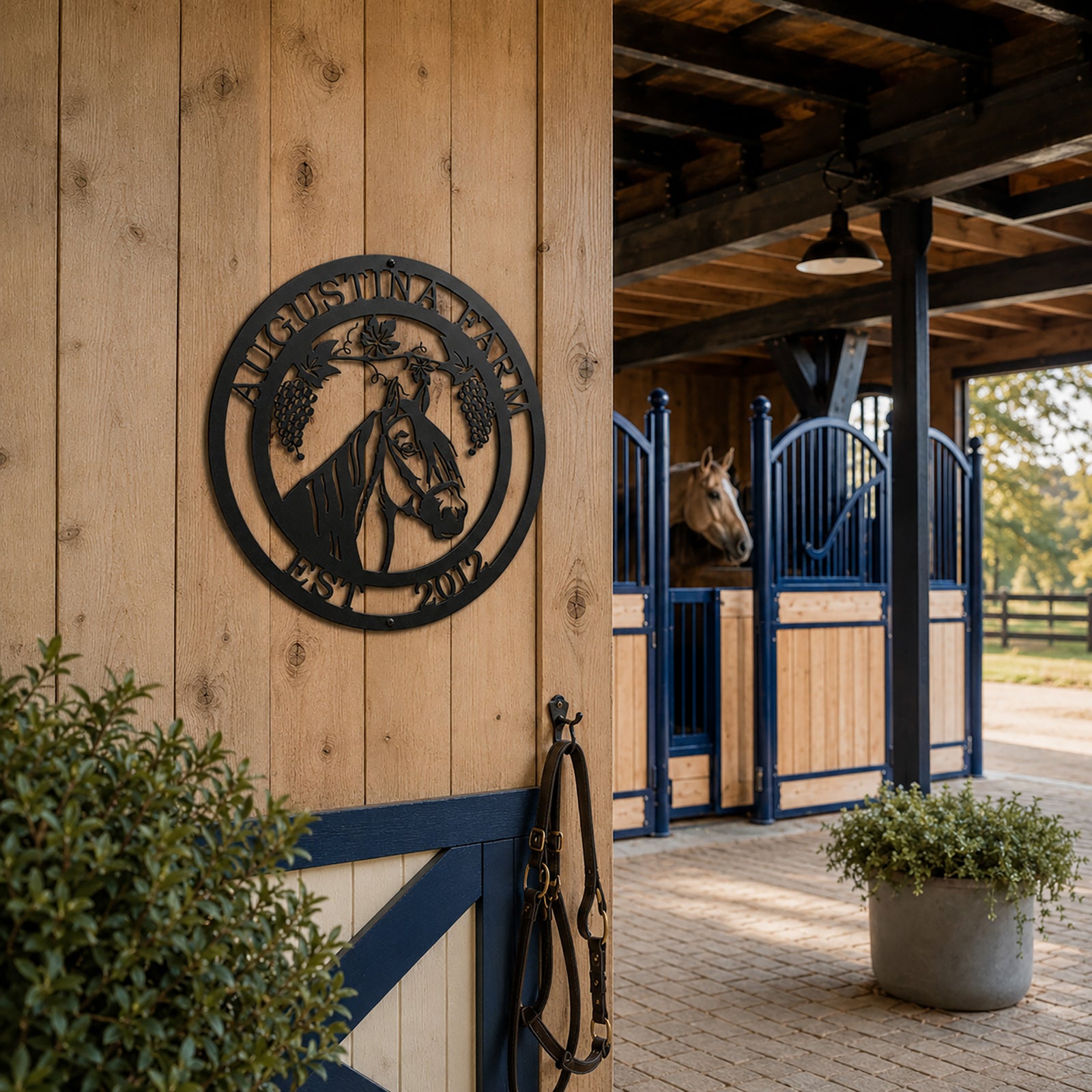 Personalized horse barn metal sign with horse silhouette displayed on rustic wood wall with lantern and ranch décor