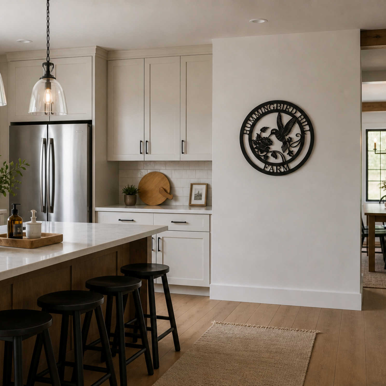 Farmhouse kitchen featuring black hummingbird metal wall sign with modern white cabinets and minimalist rustic décor