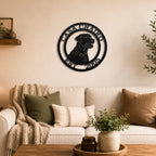 Custom Labrador Retriever metal wall art with personalized name and established year above neutral living room sofa