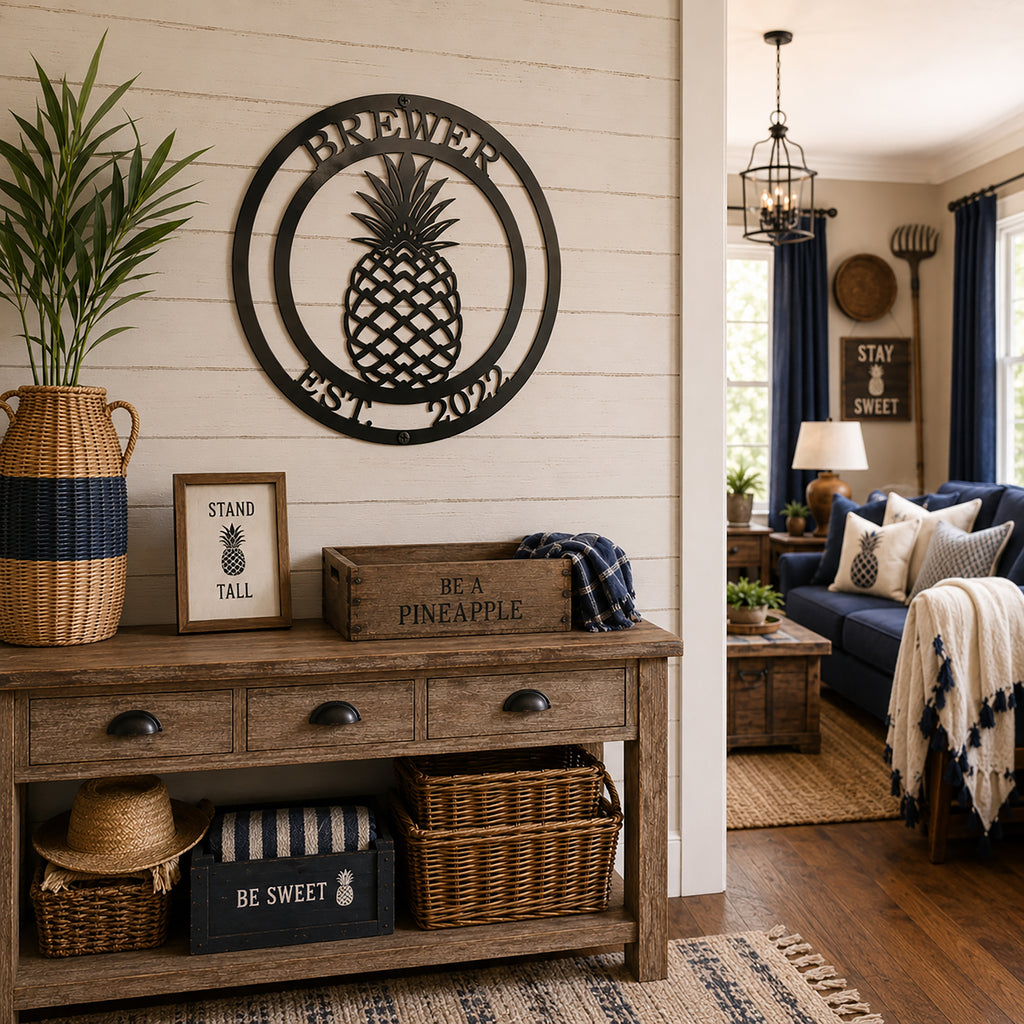 Black pineapple metal wall art with Brewer family name displayed above rustic farmhouse entryway table and decor