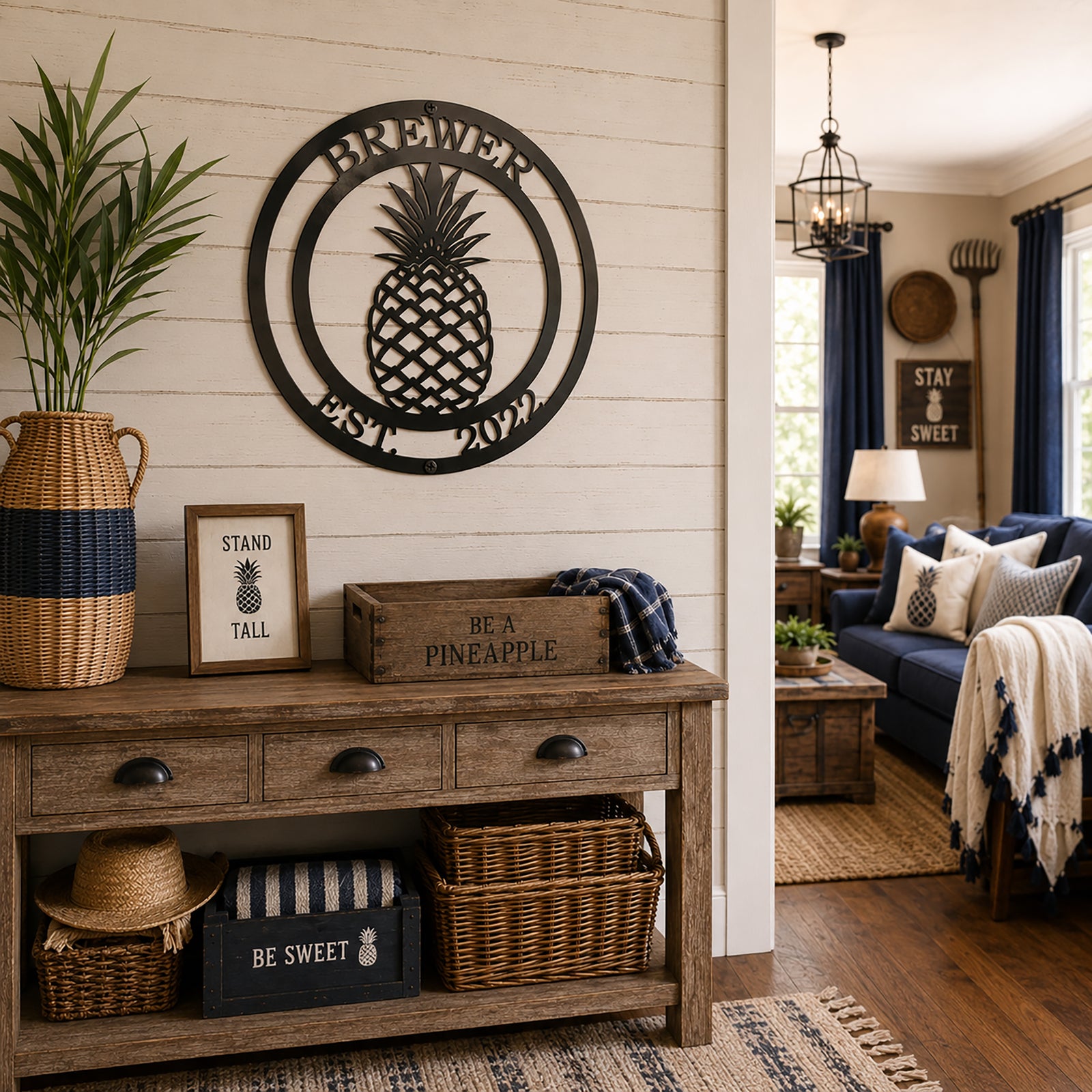 Black pineapple metal wall art with Brewer family name displayed above rustic farmhouse entryway table and decor