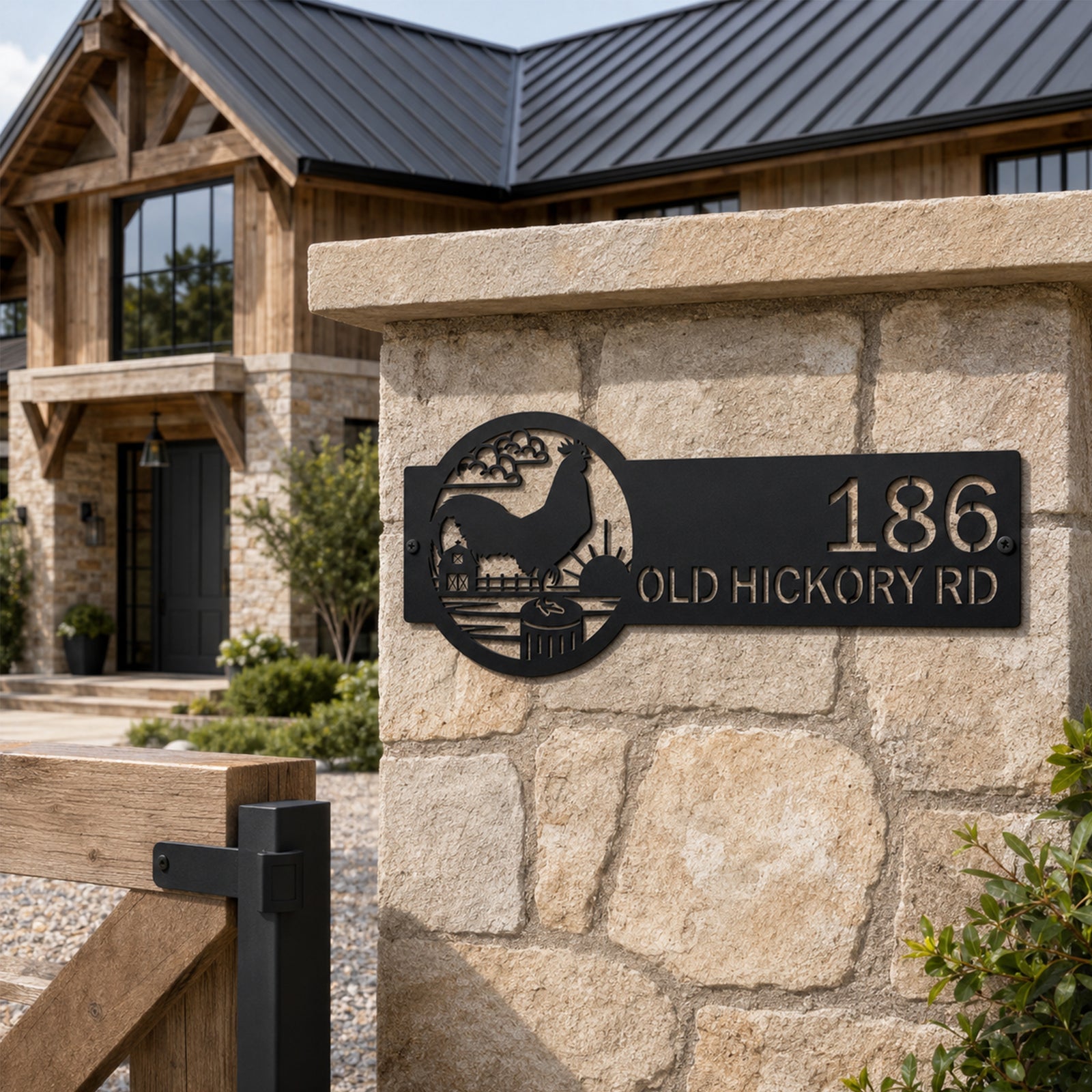 Black personalized rooster address sign mounted on stone pillar with custom house number old hickory road text and rustic country farm landscape design