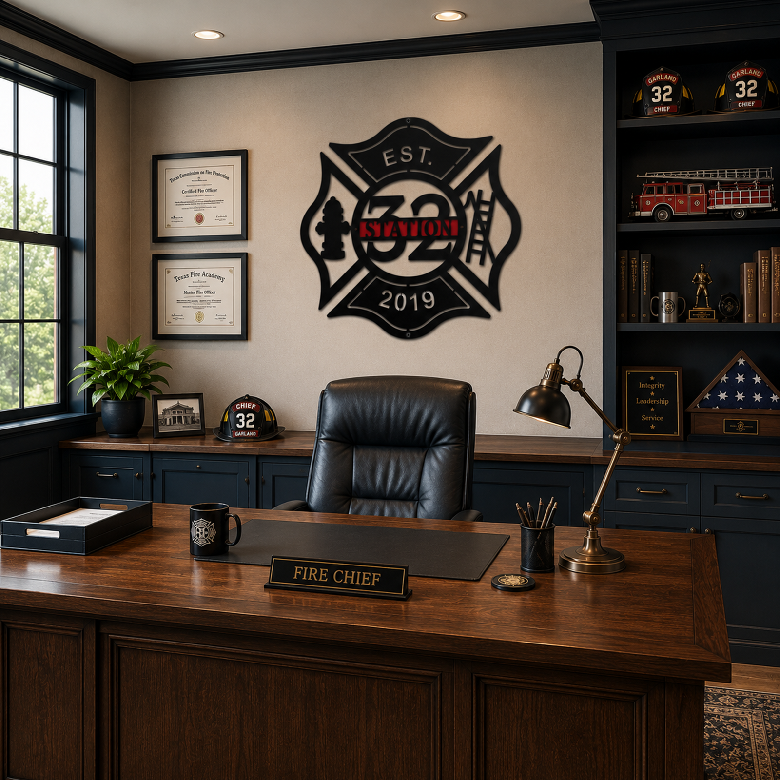 Custom Station 32 firefighter metal sign displayed above executive fire chief office desk with firefighter memorabilia and certificates
