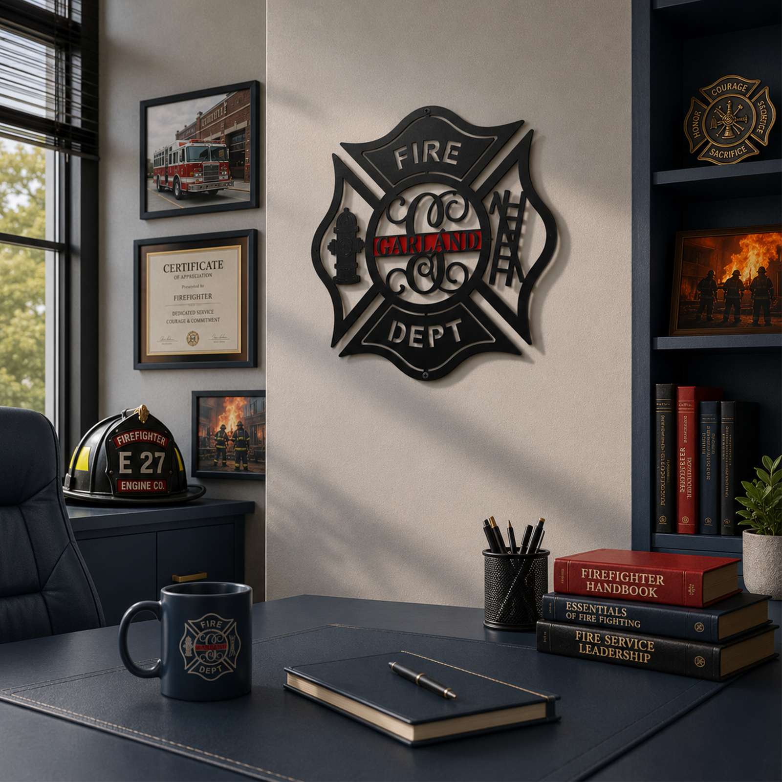 Black firefighter maltese cross metal sign with Garland name displayed beside framed certificates and fire station office decor