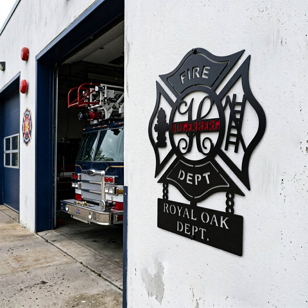 Custom firefighter maltese cross metal wall sign mounted outside fire station with fire truck in garage background
