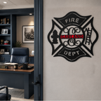 Custom fire department metal wall sign with Garland lettering displayed in professional firefighter office hallway