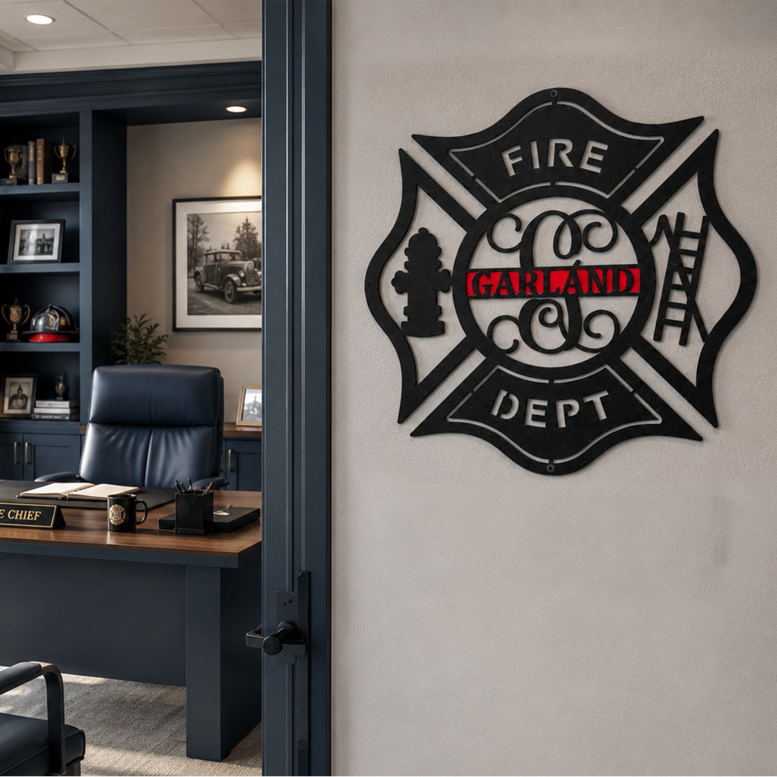 Custom fire department metal wall sign with Garland lettering displayed in professional firefighter office hallway