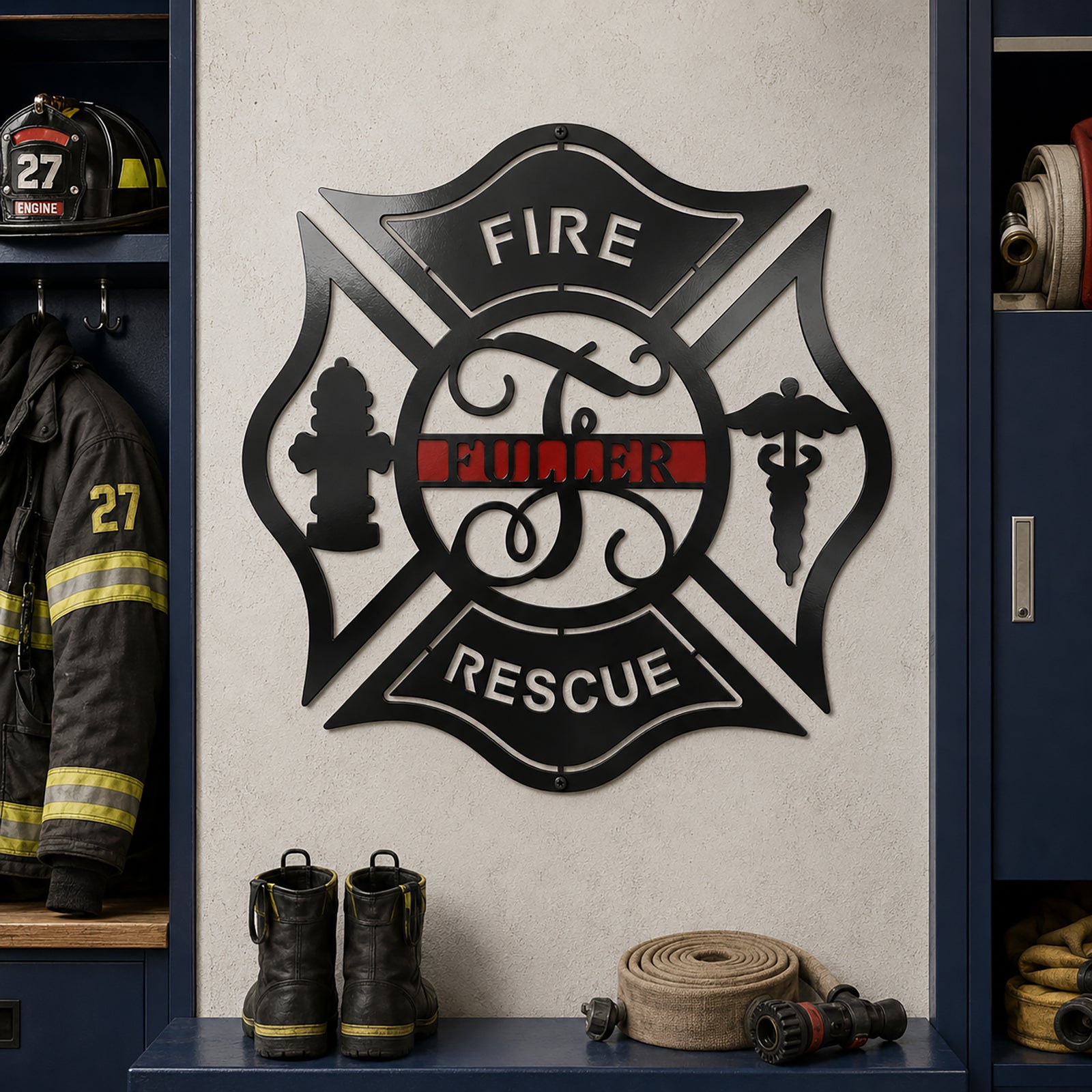 Custom firefighter Maltese cross monogram metal wall art with Fuller name displayed inside fire station gear room with boots and fire hose