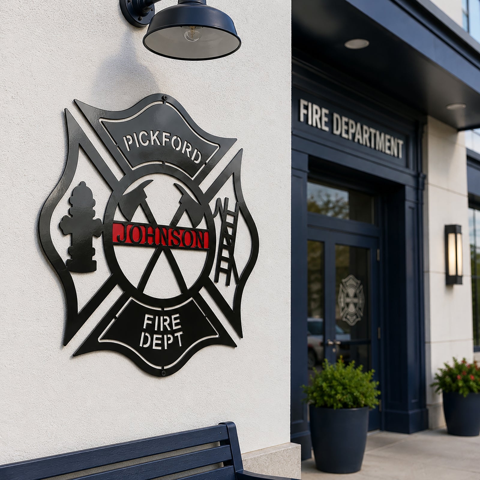 Personalized firefighter maltese cross wall art mounted outside fire department entrance with modern exterior lighting