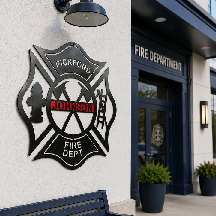 Personalized firefighter maltese cross wall art mounted outside fire department entrance with modern exterior lighting