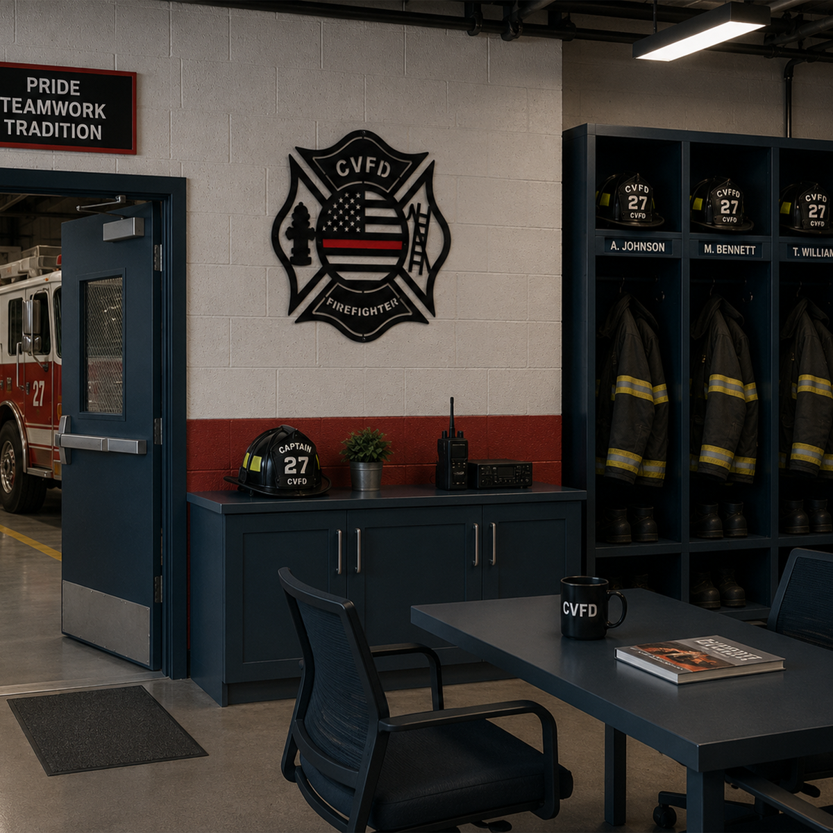 American flag firefighter Maltese cross metal wall sign displayed inside fire station office with lockers and firefighter equipment