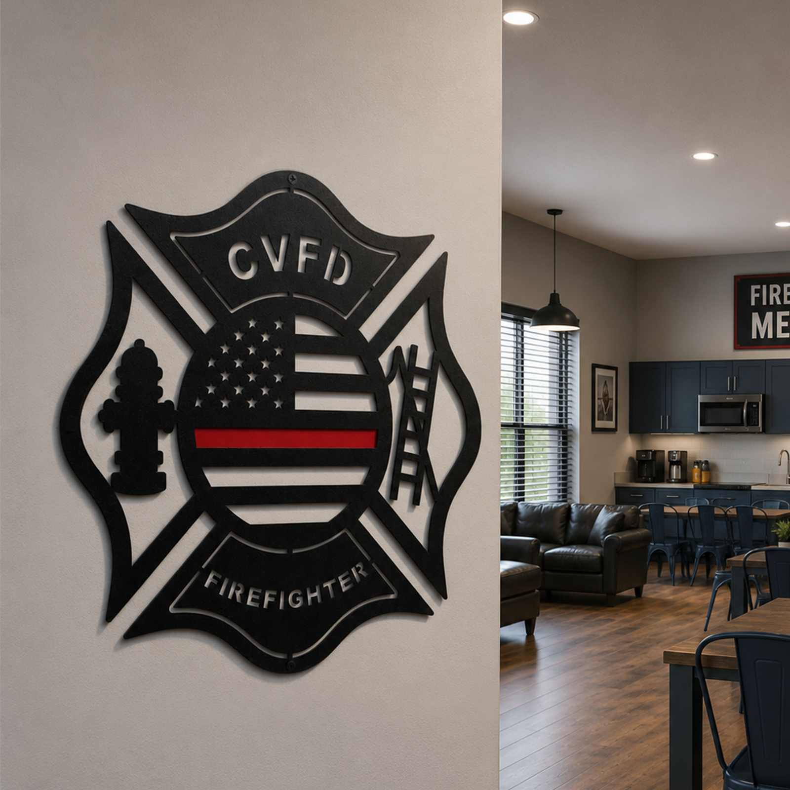 Custom firefighter American flag Maltese cross metal sign mounted inside fire officers mess hall and dining area