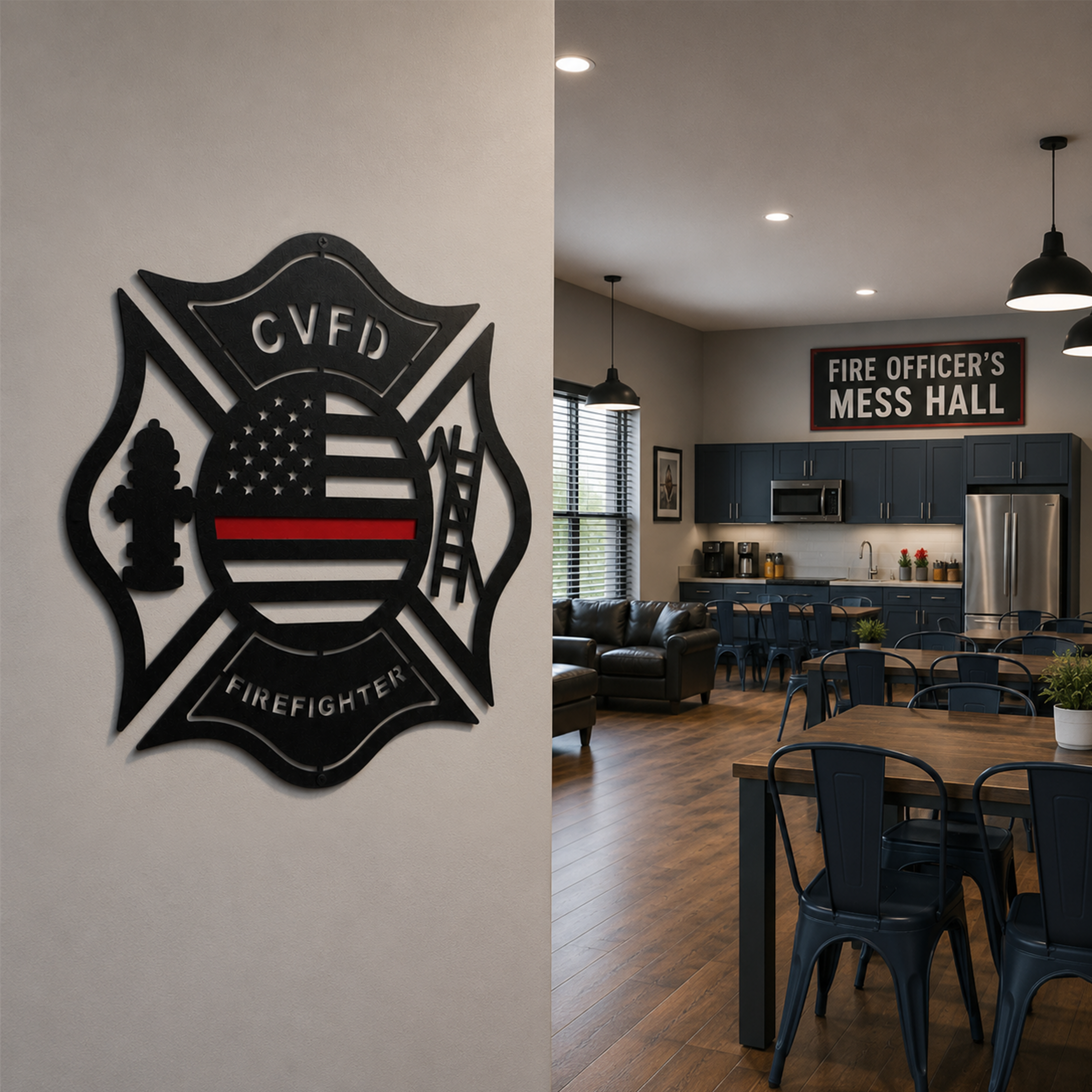 Custom firefighter American flag Maltese cross metal sign mounted inside fire officers mess hall and dining area