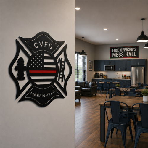 Custom firefighter American flag Maltese cross metal sign mounted inside fire officers mess hall and dining area