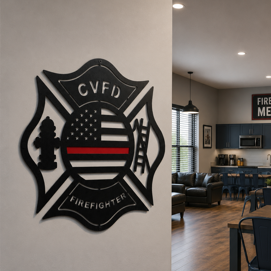 Custom firefighter American flag Maltese cross metal sign mounted inside fire officers mess hall and dining area