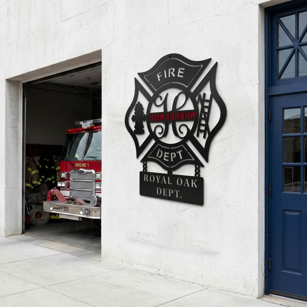 Black firefighter maltese cross metal sign displayed outside fire station beside fire engine bay and blue door