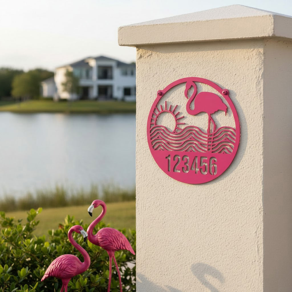 Sassy pink flamingo metal address sign with sun and waves mounted beside lake view
