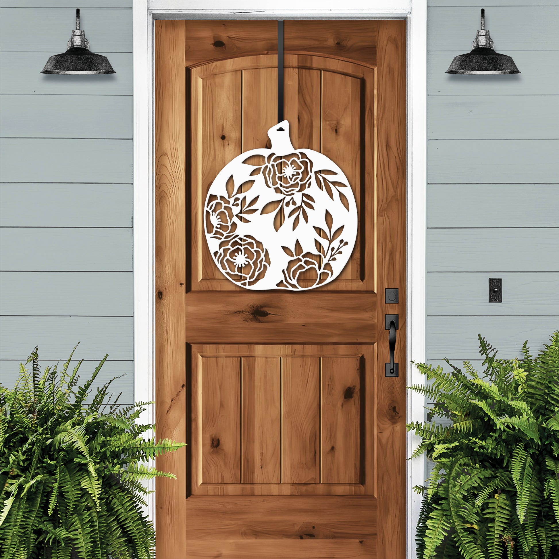 Floral Pumpkin Fall Front Door Wreath - Customizable Metal Door Decor. Features a pumpkin and florals on a white door, perfect for seasonal home decoration. Durable and rust-resistant design from HouseSensationsArt.