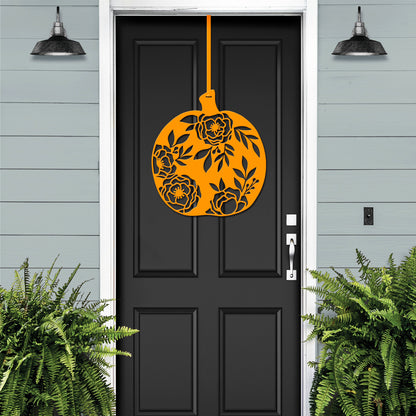 Floral Pumpkin Fall Front Door Wreath - Customizable Metal Door Decor featuring a pumpkin and floral design, ideal for seasonal home or garden display. Durable and rust-resistant, perfect for personalizing with a welcome message.