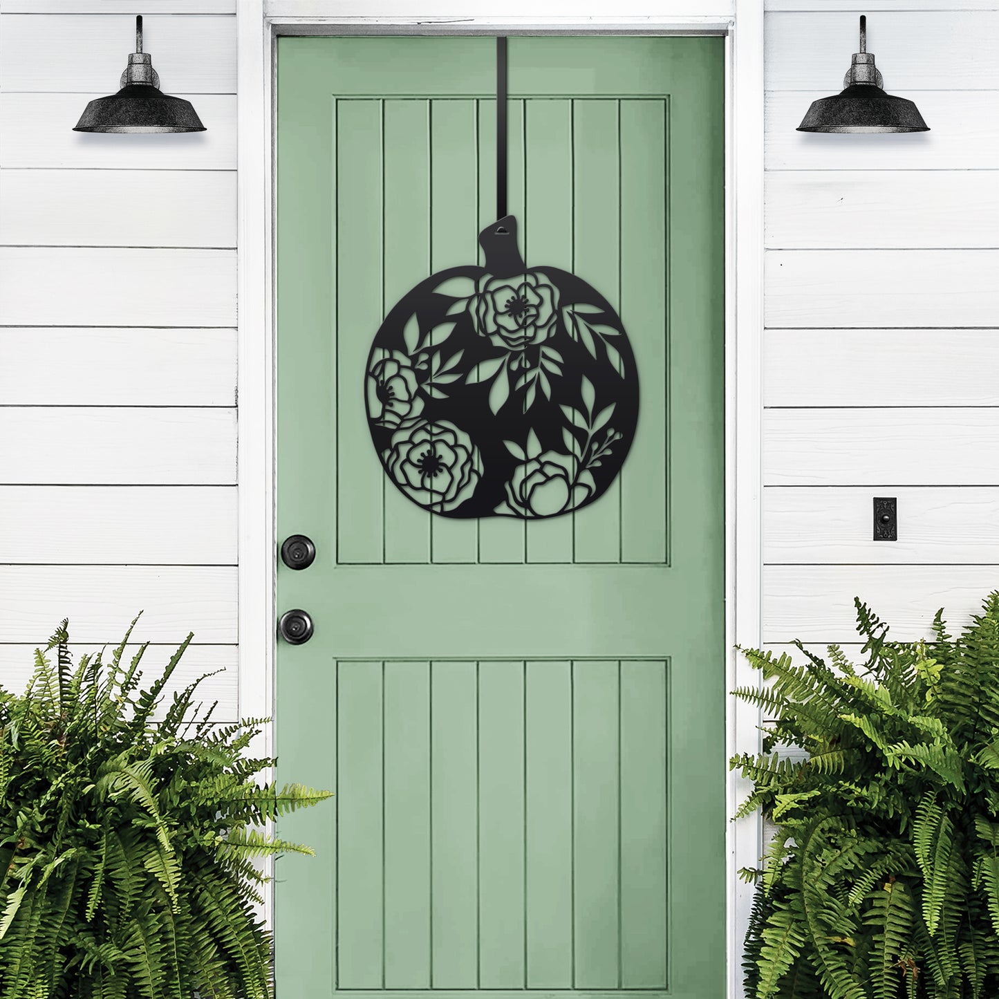 Floral Pumpkin Fall Front Door Wreath - Customizable Metal Door Decor featuring a pumpkin and floral design, perfect for adding a personalized, durable, and rust-resistant seasonal touch to your home entrance.