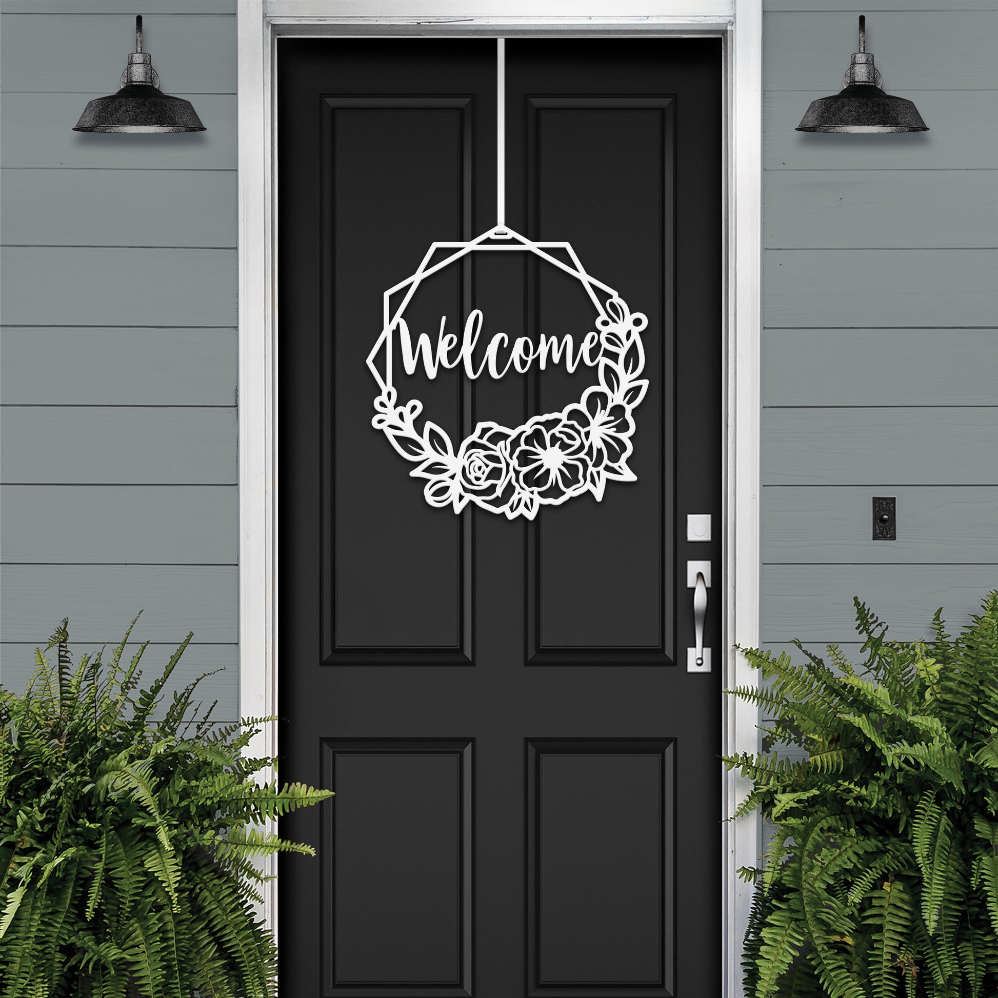 Metal Floral Door Wreath - Customizable Metal Door Decor featuring elegant floral design on a white door, ideal for enhancing home entrances. Durable and rust-resistant, perfect for porch or garden display.