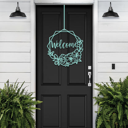 Metal Floral Door Wreath showcasing elegant metal craftsmanship, hangs on a black door with a welcome sign, embodying customizable, durable, rust-resistant decor for home, porch, or garden by HouseSensationsArt.