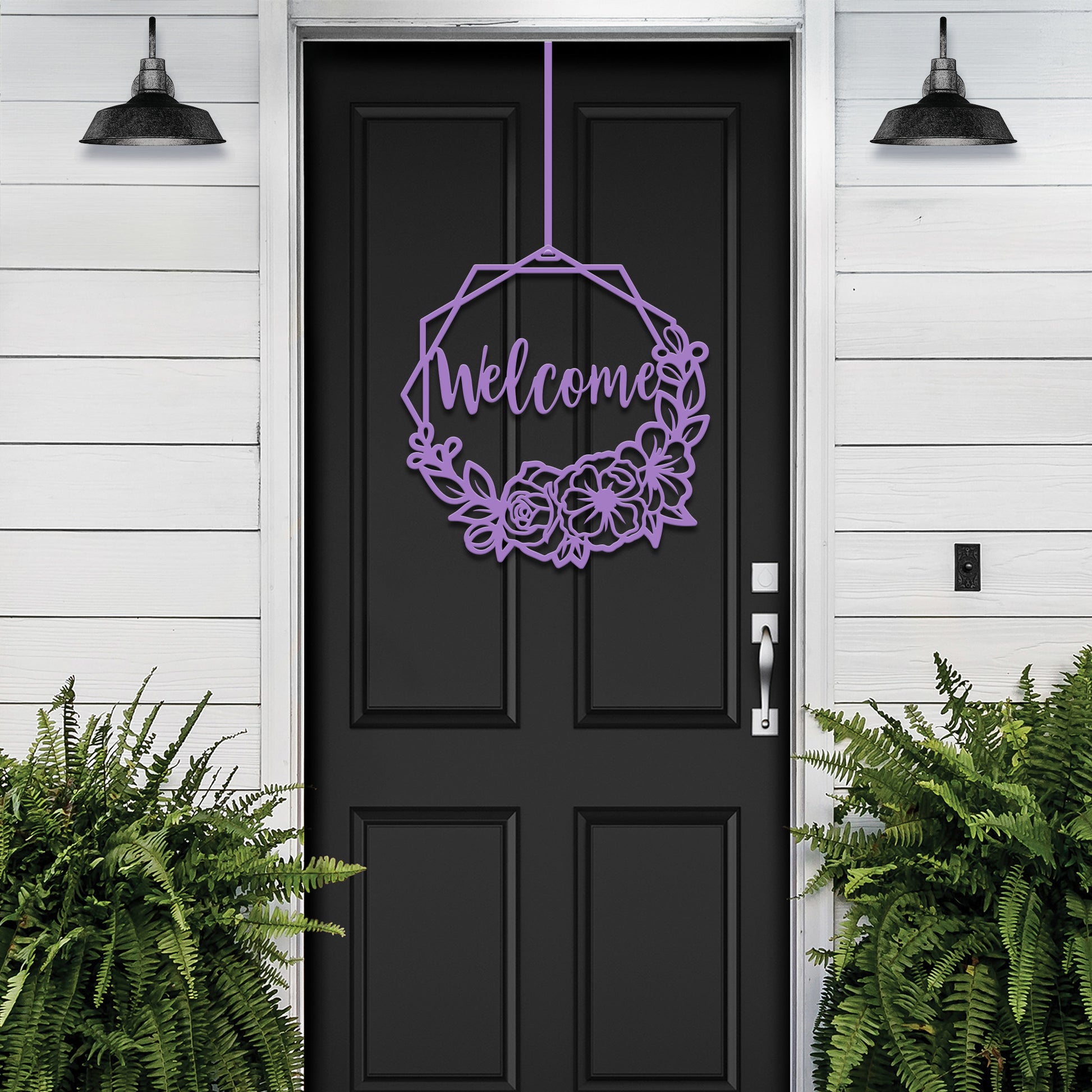 Metal Floral Door Wreath - Customizable Metal Door Decor displayed on a white door, featuring intricate floral design, perfect for home, porch, or garden. Ideal as a durable, rust-resistant welcome sign.