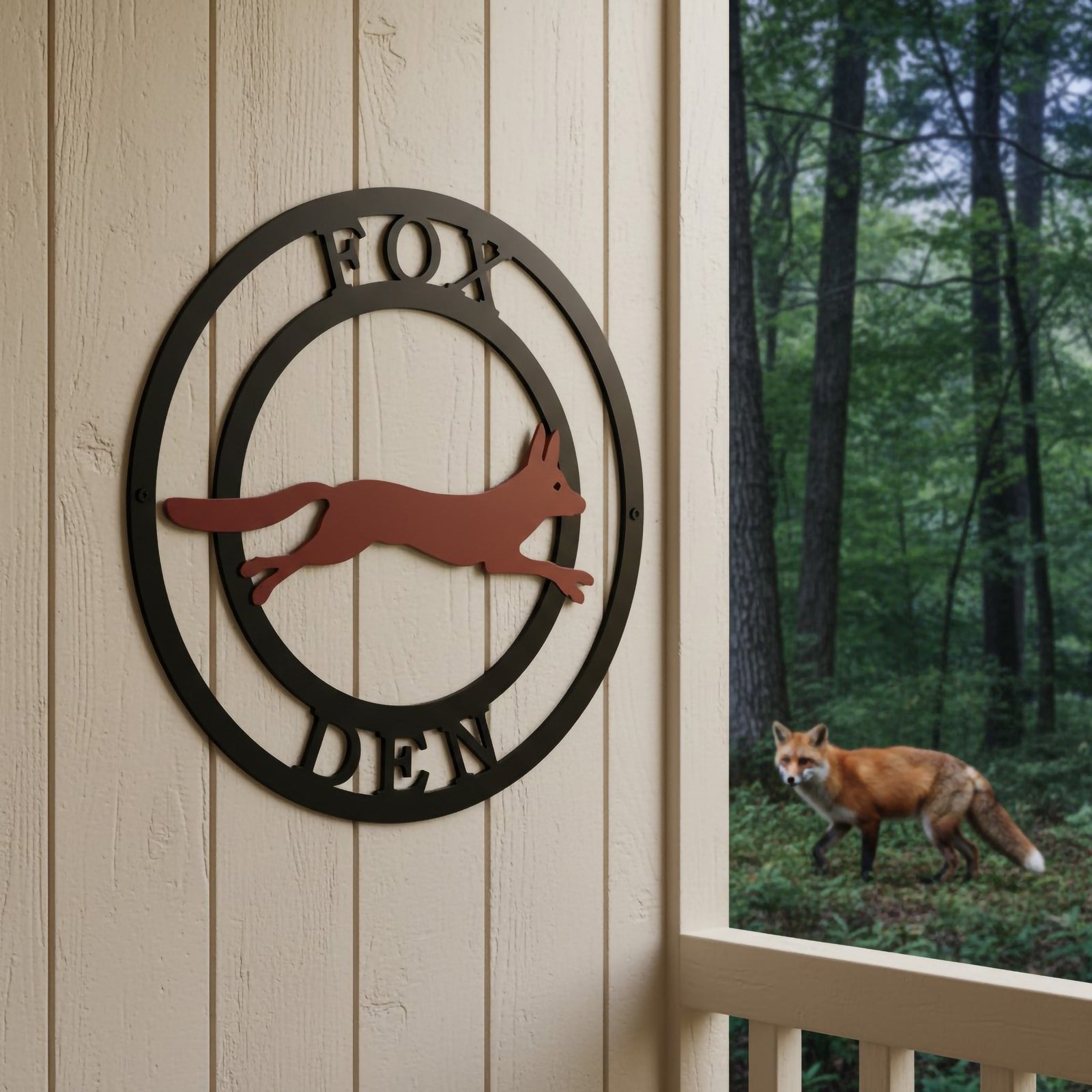 Personalized fox den metal sign with leaping fox design mounted on a porch wall beside a wooded outdoor view