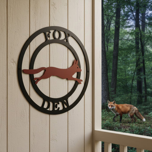 Personalized fox den metal sign with leaping fox design mounted on a porch wall beside a wooded outdoor view