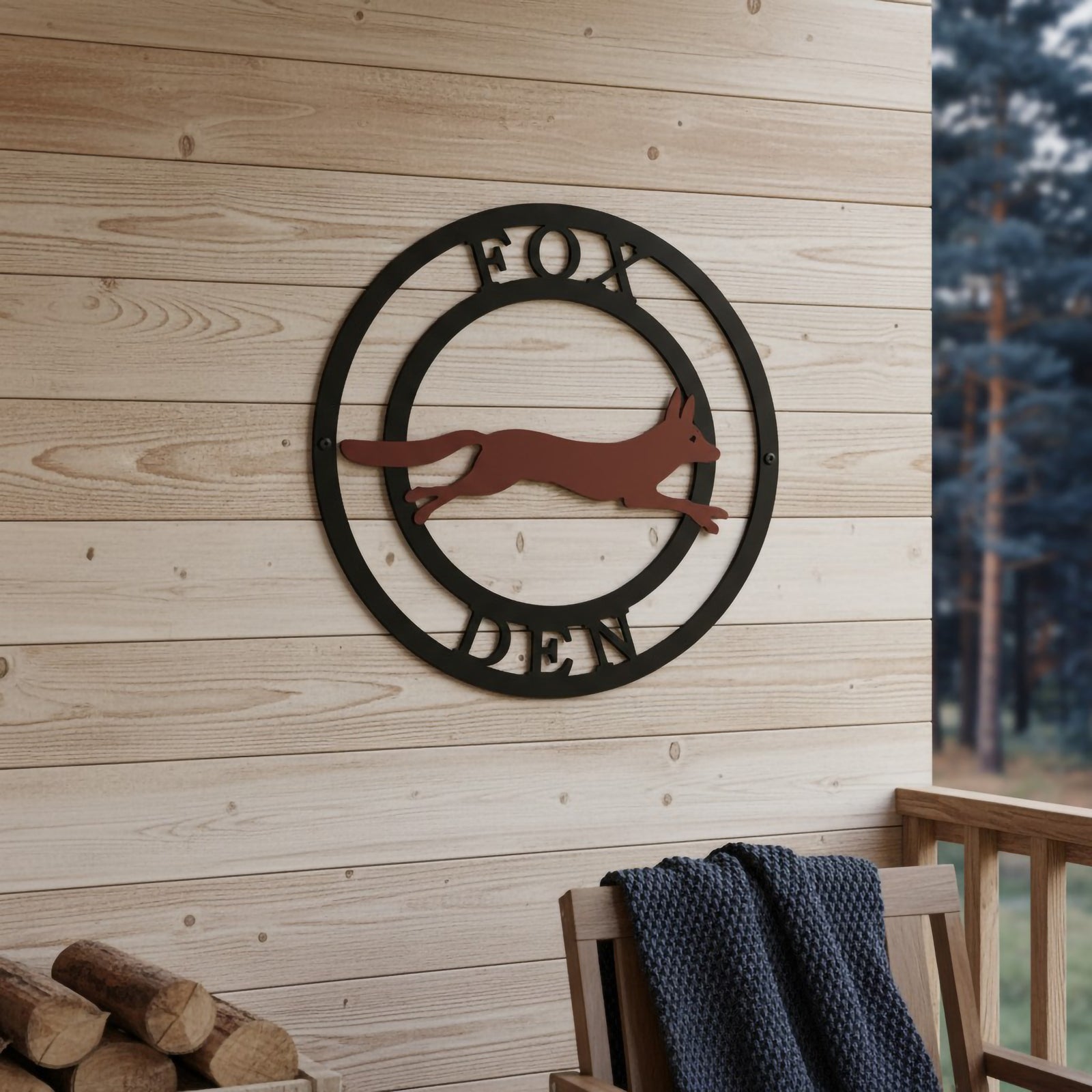 Custom fox den metal sign with leaping fox silhouette displayed above a leather chair in a warm rustic home setting