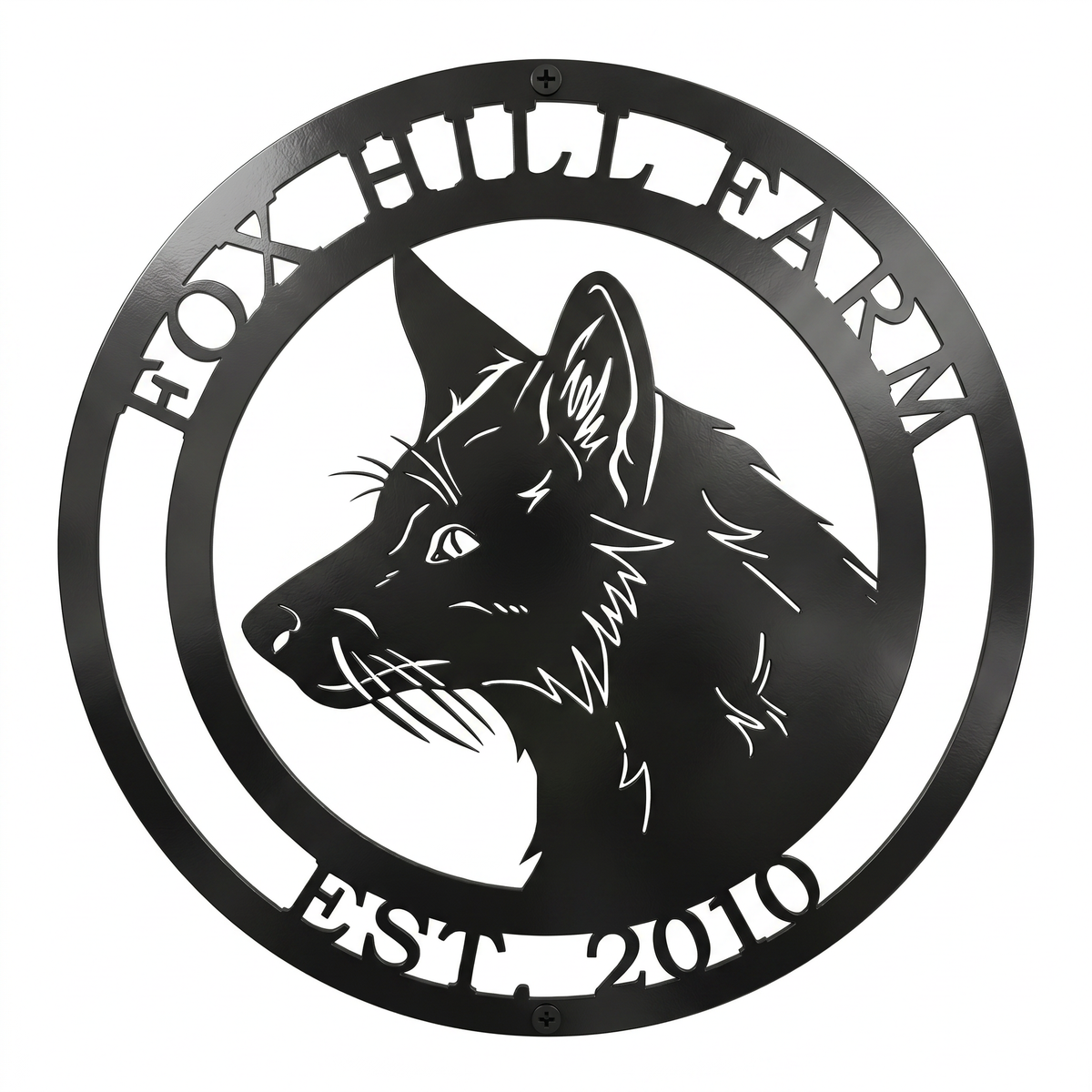 A circular matte black metal sign cut out featuring a detailed fox profile in the center. The top border reads "FOX HILL FARM" and the bottom reads "EST. 2010" in a bold, stencil-style serif font, isolated against a clean white background.